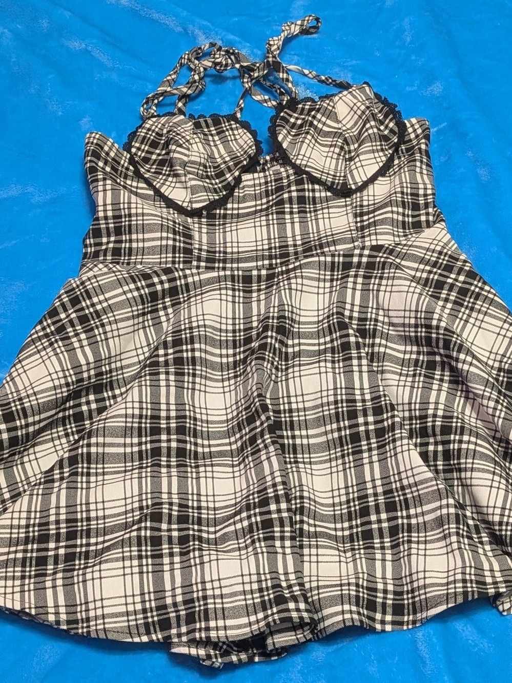 🖤🤍 Black & White Plaid Halter Romper with Heart Bodice 🖤🤍